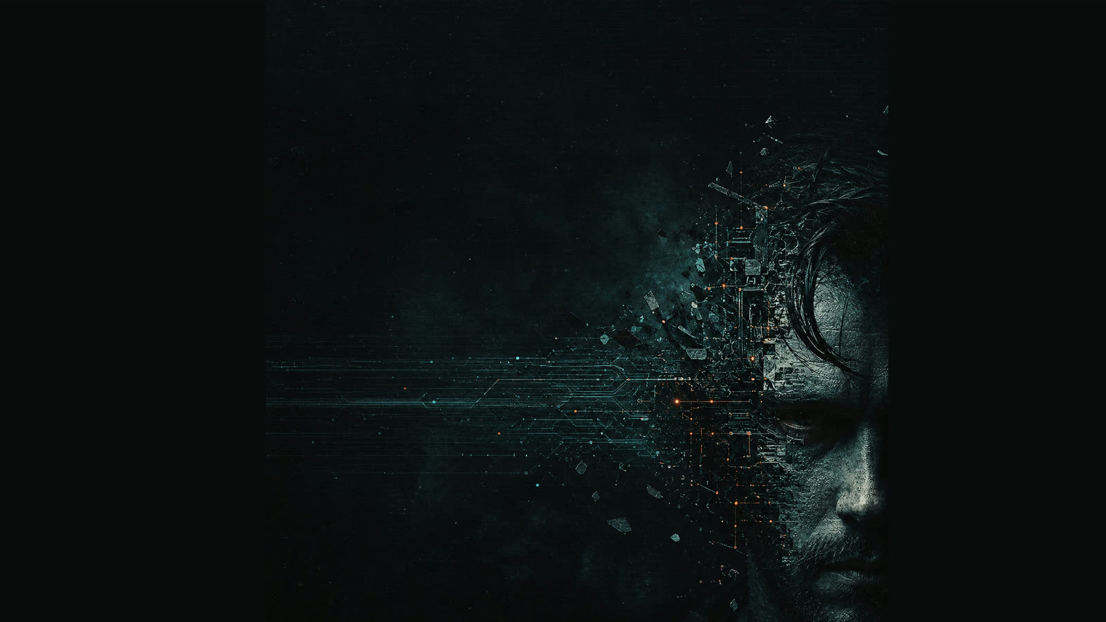 A man's face on a black background, half of it breaking apart into shards and circuit lines