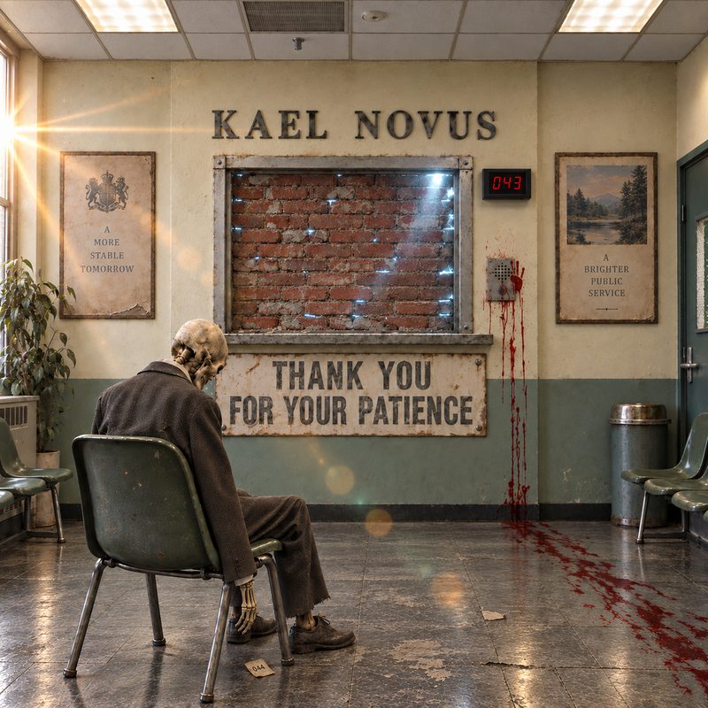 Thank You For Your Patience: a figure waits alone in a bricked-up waiting room under a red NOW SERVING display